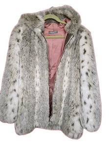 VTG Jordache Faux Fur Hooded Jacket Lynx Snow Leopard Print Mob Wife  USA - Picture 1 of 24