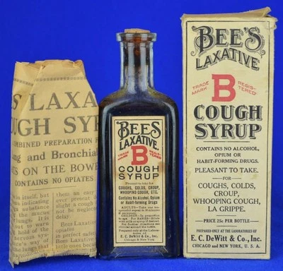 ANTIQUE c1908 BEE'S LAXATIVE COUGH SYRUP BOX, INSERT AND UNUSED BOTTLE - DeWitt - Image 1 of 4