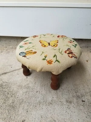 Vintage Victorian Small 3 Wooden Legged Needlepoint 14' Footstool - Image 1 of 4