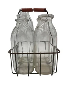Vintage Glass Milk Bottles With Metal Carrier - Picture 1 of 8