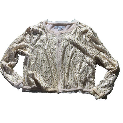 XXI Forever 21 Cardigan Womens LG Sweater Beaded Sequin Blush Tan Raw T Shirt - Image 1 of 4