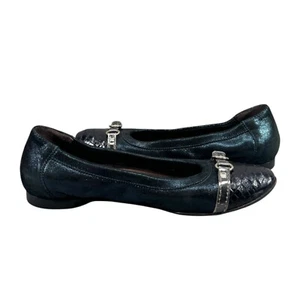 AGL Womens 38/8 Monika Black Blue Italian Leather Croc Cap Toe Flats Shimmer - Picture 1 of 17