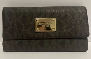 Michael Kors Coated Canvas Monogram Print Trifold Envelope Card Wallet Brown - Picture 1 of 4