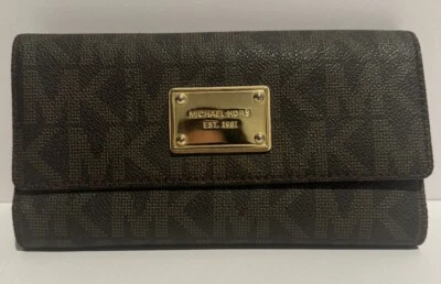 Michael Kors Coated Canvas Monogram Print Trifold Envelope Card Wallet Brown - Image 1 of 4