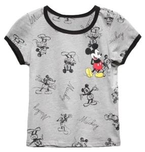 GIRLS' Disney Allover Mickey Mouse Ringer Tee Heather Grey New - Picture 1 of 2