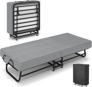 Folding Bed with Mattress for Adults, Portable Foldable Roll Away Bed on Wheels, - Picture 1 of 9