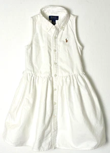 Girls Polo Ralph Lauren White Oxford Dress Button Front Gathered Waist Preppy - Picture 1 of 9