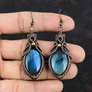 Labradorite Copper Valentine Gift Wire Wrapped Drop/Dangle Earrings 2.87" - Picture 1 of 7