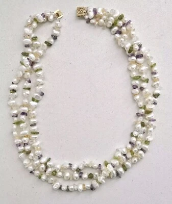 14K Gold Pearl Amethyst Peridot Quartz Chip 3 Strand Necklace 18-1/2" - Image 1 of 4
