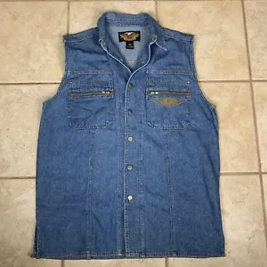 Harley Davidson Embroidered Blue Jean Denim Trucker Vest Size M Zippered Pockets - Picture 1 of 12
