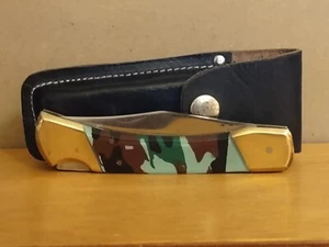 Vintage / Unused Lockblade knife, Camo & Brass Handle w/Black Leather Sheath NEW - Picture 1 of 17