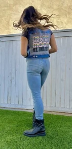 PINK FLOYD 70s Dark Side Of The Moon Vintage Retro Upcycled Denim Rainbow Vest S - Picture 1 of 11