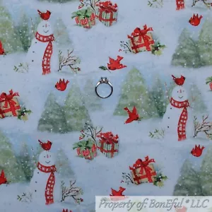 BonEful FABRIC FQ Cotton Quilt White Green Xmas Tree Snowman Red Cardinal Scenic - Picture 1 of 14