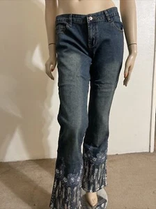 Women’s Blue Denim Cotton Casual Stretch Beaded Glitter Paint Size L Pants 211 - Picture 1 of 8