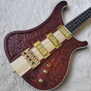 Deep Red Leaf-Carved Electric Bass: Gold Hardware Ebony Fretboard Star Inlays - Picture 1 of 6