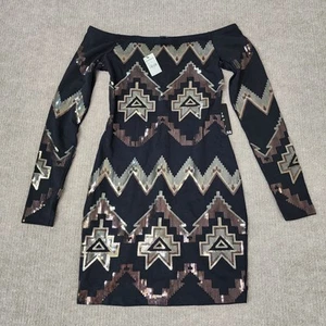 Express Pailletten Azteken Schulterfreies Kleid Gr. XS Bodycon Langarm Neu mit Etikett - Bild 1 von 8
