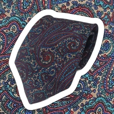 Gravata Barneys New York Paisley designer de seda azul vermelha clássica 57" - Imagem 1 de 4
