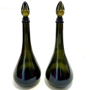 2 VINTAGE MCM GLASS GENIE BOTTLE DECANTERS 14” WITH STOPPERS - OLIVE GREEN - Picture 1 of 11