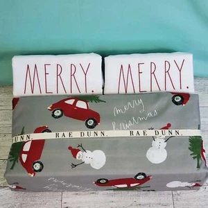 Rae Dunn Christmas Sheets - MERRY, Grey with Red Cars and Snowmen - Picture 1 of 15