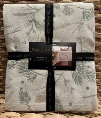 Rachel Zoe Tablecloth Ivory, Silver Gray Metallic Pine Cone Branches 60x 102 NEW - Image 1 of 4