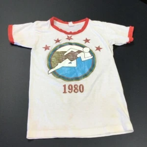 Vintage Kinder 1980 Markenlos T-Shirt weiß rot M 10-12 - Bild 1 von 8