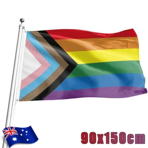 90x150cm Progress Pride Rainbow Flag Gay Lesbian LGBTQ Mardi Gras Party Banner - Picture 1 of 12