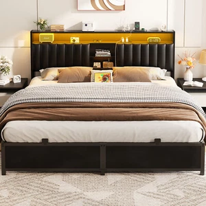 KING/QUEEN/FULL Size Bed Frame w/ Upholstered Headboard & Charging Station & LED - Picture 1 of 29