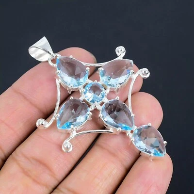 925 Sterling Silver Jewelry Pendant  Blue Aquamarine Gemstone Handmade Pendant - Imagem 1 de 4