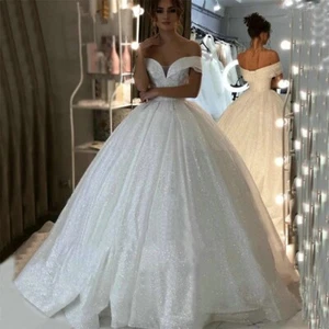 Gorgeous Off-Shoulder Ball Gown Wedding Dress with Sequins | Long Tulle Bridal - Picture 1 of 10