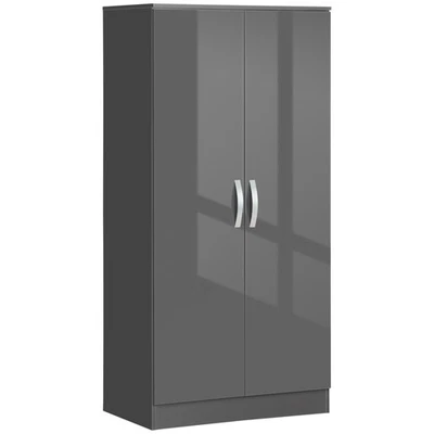 High Gloss Double Wardrobe Modern Storage Hanging Rail Shelf Clothes Unit Grey - Image 1 of 4