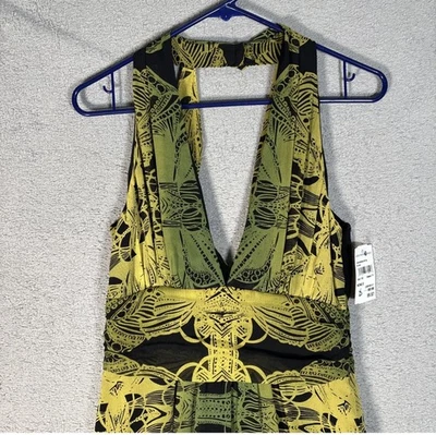 全新带标签 Nicole Miller 系列娃娃吊带连衣裙 8 真丝 Chartreuse Festival — 第 1/4 张图片