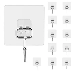 12 Pack Large Clear Waterproof Adhesive Wall Hooks for Hanging. Bathroom Kitc... - Picture 1 of 6