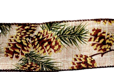 Pinecones 2.5" by 2 yd Wired Ribbon Glitter Evergreen Boughs Winter Christmas - Image 1 of 4