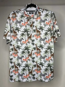 Waggle Men's Medium Polo Golf Shirt Short Sleeve Novelty Zebra Giraffe Tree - Picture 1 of 5