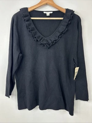 Suéter Coldwater Creek XL Negro Lana Cachemira Mezcla Algodón Volantes Cuello Nuevo con Etiquetas Foto 1 de 4