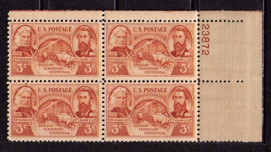 US USA Sc# 964  MNH FVF PLATE # BLOCK Oregon Jason Lee Oxen Conestoga Wagon - Image 1 of 1