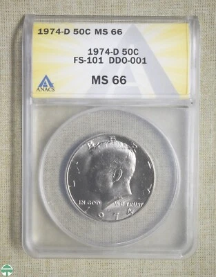 1974-D KENNEDY HALF DOLLAR - ANACS CERTIFIED - MS 66 - FS-101 DDO-001 - Image 1 of 2