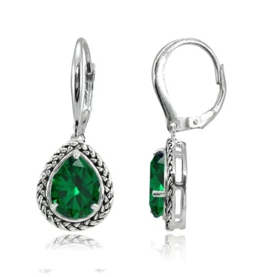 925 Silver Simulated Emerald Pear-Cut Oxidized Rope Dangle Leverback Earrings - Image 1 of 3