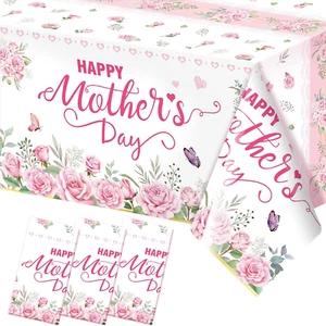 Happy Mothers Day Tablecloths 3 Pack Pink Rose Flowers Plastic Disposable Table - Picture 1 of 8