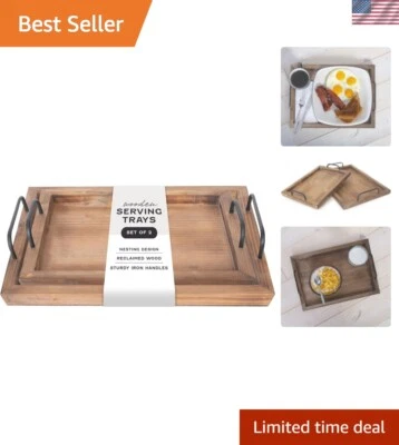 Elegant Stackable Wooden Trays Set of 2 with Durable Metal Handles, Rustic Charm - Image 1 of 4