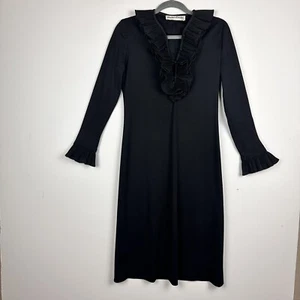 Vtg Victor Costa Ltd Black Dress Long Sleeves Ruffle Pencil Retro 60s 70s Goth S - Picture 1 of 20