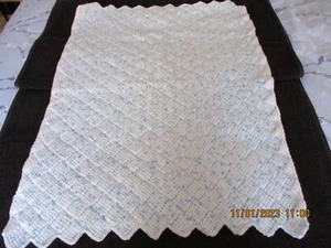 hand made Tunisian baby blanket in My Sparkle DK in blue's green's and white - Picture 1 of 2