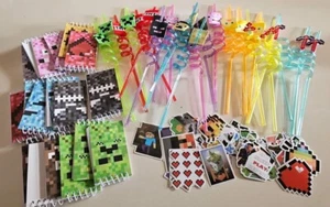100 Piece Prize Box/ Party Favors. Pixel Theme. Sticker, Notebooks, Straws - Picture 1 of 4