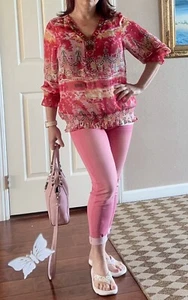 🛍️Marc Bouwer Women’s Red/Pink Print Embellished V Neck Lightweight Boho Top, M - Picture 1 of 9