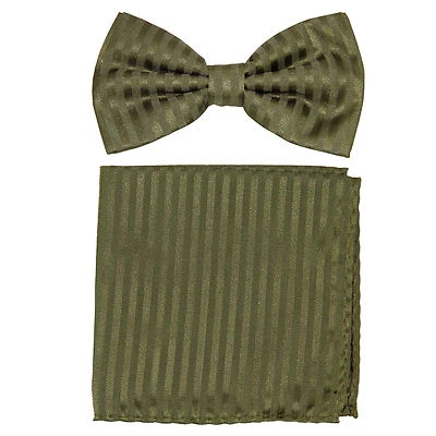 全新 正装 男式 预绑 领结 & 口袋 方形 Hankie 条纹 橄榄绿 — 第 1/4 张图片