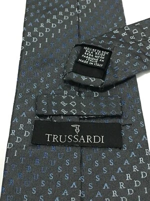 Gravata autêntica TRUSSARDI palavra listrada design de marca cinza 100% tecido seda - Imagem 1 de 4