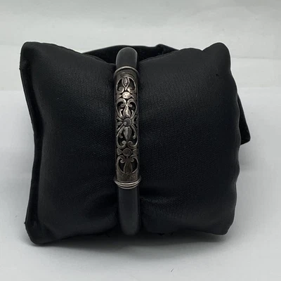 Sterling Silver Filigree Black Rubber Deco Cuff 6 1/2" Bracelet 26.3g - Image 1 of 4