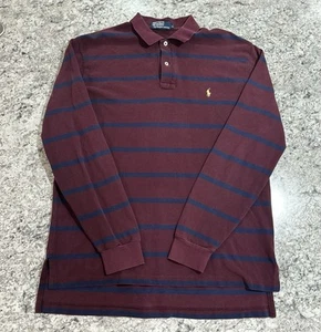 Polo Ralph Lauren Polo Shirt Mens Medium Maroon Blue Rugby Striped Long Sleeve - Picture 1 of 8