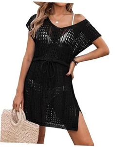 Women's Crochet Cover Up Hollow Out Swimsuit Coverup V Neck Beachwear with - Picture 1 of 5