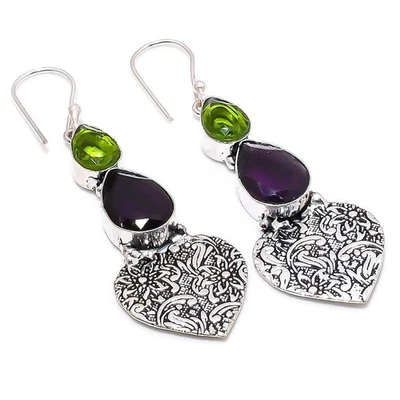 Handgefertigte 925 Sterling Silber Ohrringe aus Amethyst und Peridot 2,56" - Bild 1 von 4